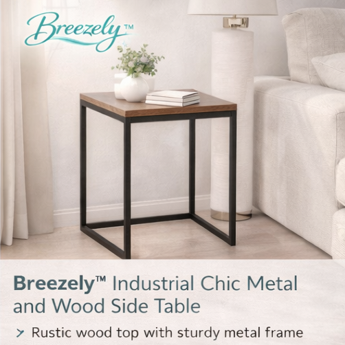 Breezelyโข Industrial Chic Metal and Wood Side Table